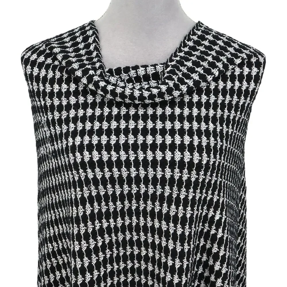 Chicos Poncho Shawl Womens Large Black White Fringe Hem Sweater Knit Boho Chic